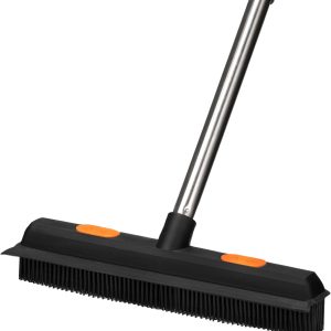 Pet Rubber Broom with 49inch Long Handle, Portable Detailing Lint Remover, Soft Push Broom for Fluff Carpet, Hardwood, Tile, Window (Black)