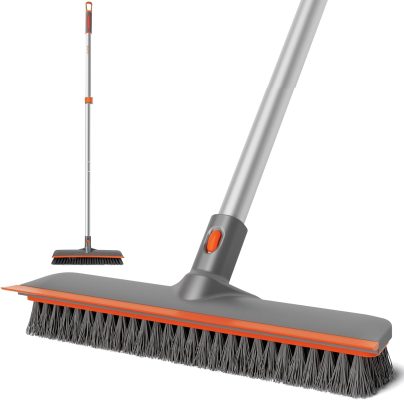 Floor Scrubber Brush, 2-in-1 Deck Scrubber Brush with Long Handle, Soft & Hard Bristle Brush for Cleaning Concrete, Squeegee Broom for Floor,Bathroom Garage,Kitchen,Wall,Tile and Swimming Pool