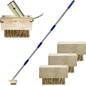 Crack Weeder with 4 Weed Brush Heads, 57 Inch Long Manual Crevice Weeding Tool, Moss Weed Puller Tool Grout Brush with Steel Handle for Deck, Walls, Paver, Patio, Walkway