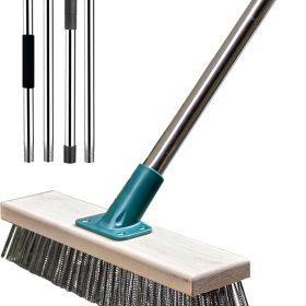 Stainless Steel Wire Brush with Long Handle Deck Broom Brush Floor Scrubber Brush for Cleaning Outdoor Broom for Moss, Tough Stains on Concrete, Grout, Garden, Garage, Patio, Swimming Pool