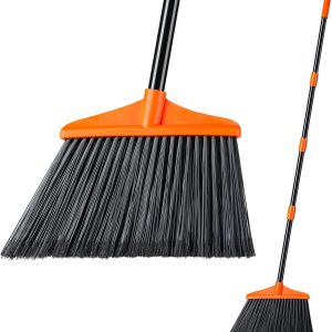Outdoor/Indoor Broom Heavy Duty, Commercial Broom with 53" Extendable Long Handle, Household Angle Corner Brooms for Patio, Garage, Deck, Lobby, Courtyard Sweeping, Orange