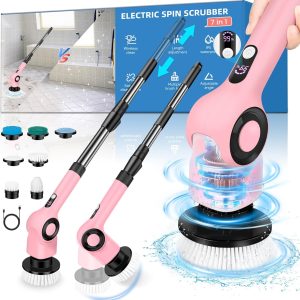Electric Spin Scrubber, Electric Scrubber with 7 Brush Heads & Extension Handle, Cordless Shower Cleaner  Bathroom Power Scrubber, Cleaning Brush for Floor Tile, Tub, Kitchen- Pink