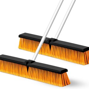 2 Pcs Push Broom Outdoor Wide Heavy Duty Broom with Long Handle Stiff Bristles Concrete Brush Commercial for Cleaning Bathroom Kitchen Patio Garage Shop Deck Concrete Tile Floor (18 Inch)